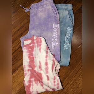 Bench trio. 2 pants and sweater. Tie dye.